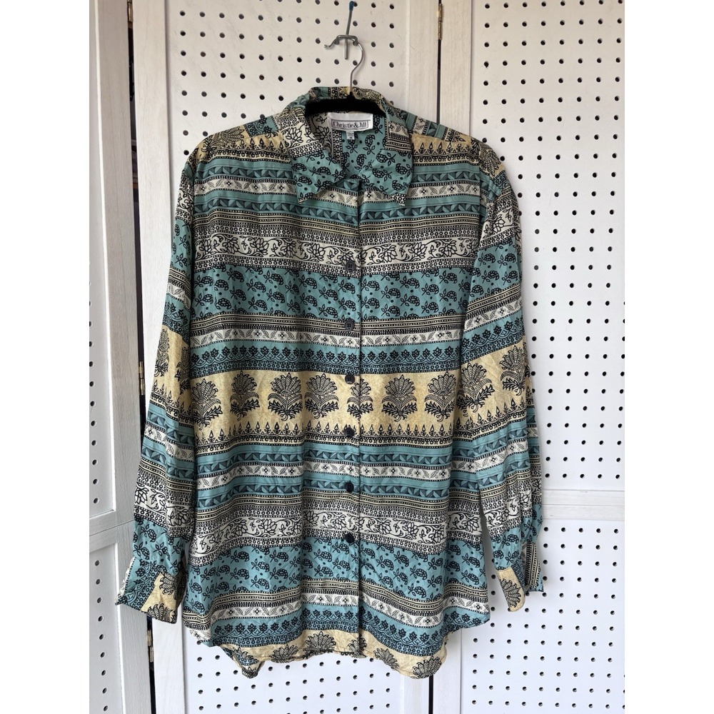 Christie & Jill Button Down 100% Silk Blouse Womens M Floral Geo Print Blue Gold